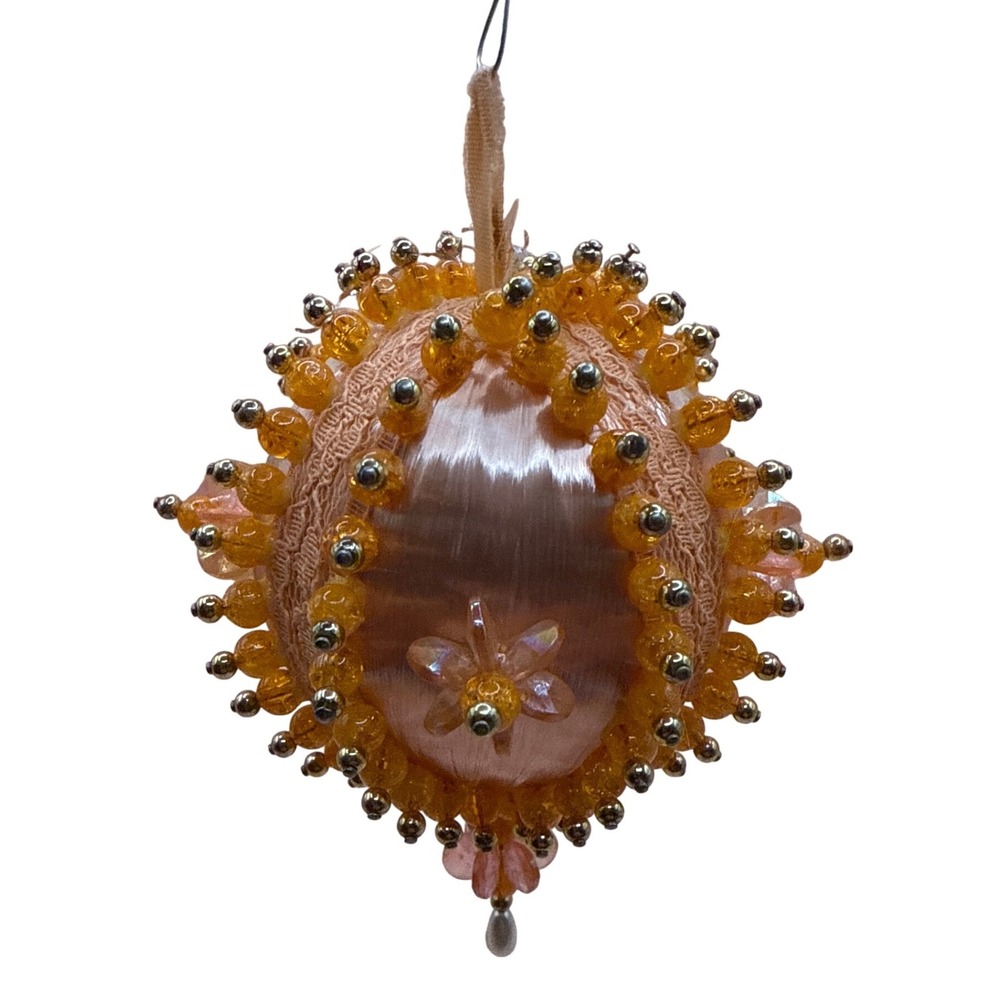 Vintage‎ Handmade Beaded Push Pin Christmas Ornament Peach Satin Pearl